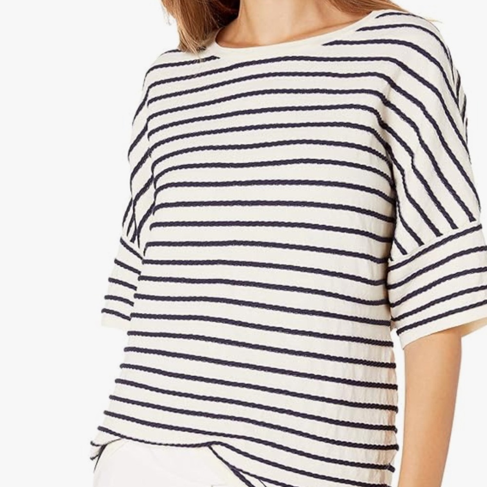 Anne Klein Cream and Black Striped Crew Neck Sweater